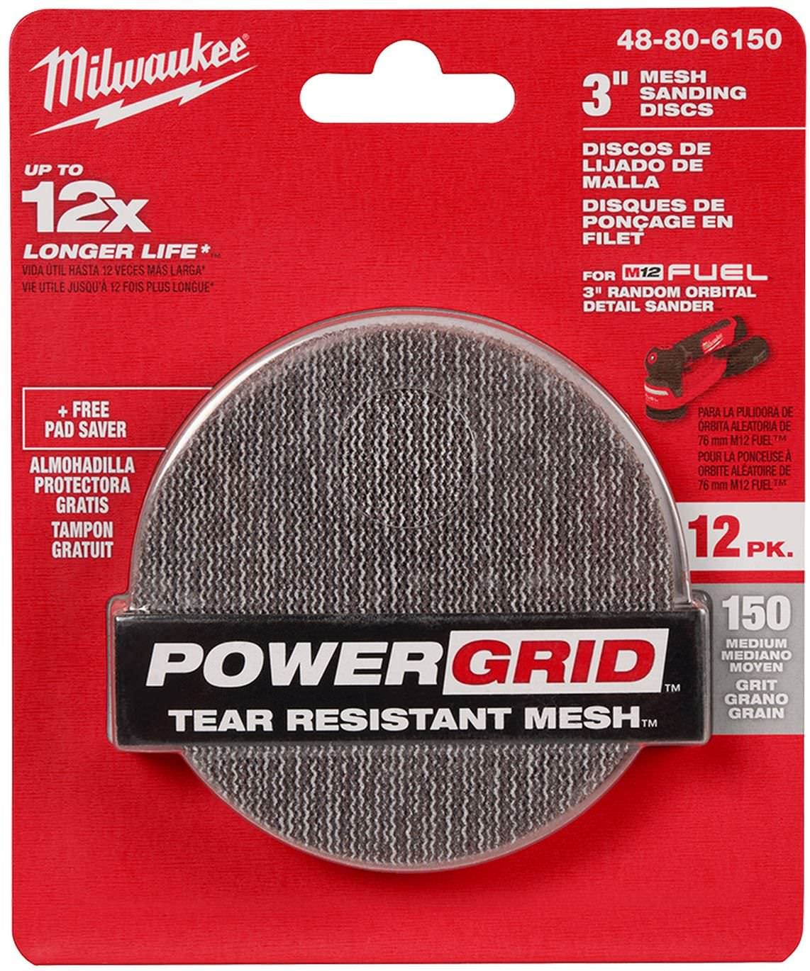 Milwaukee 48-80-6150 3 in. 150 Grit Mesh Sanding Discs with POWERGRID Tear Resistant Mesh (12-Pack + Pad Saver)