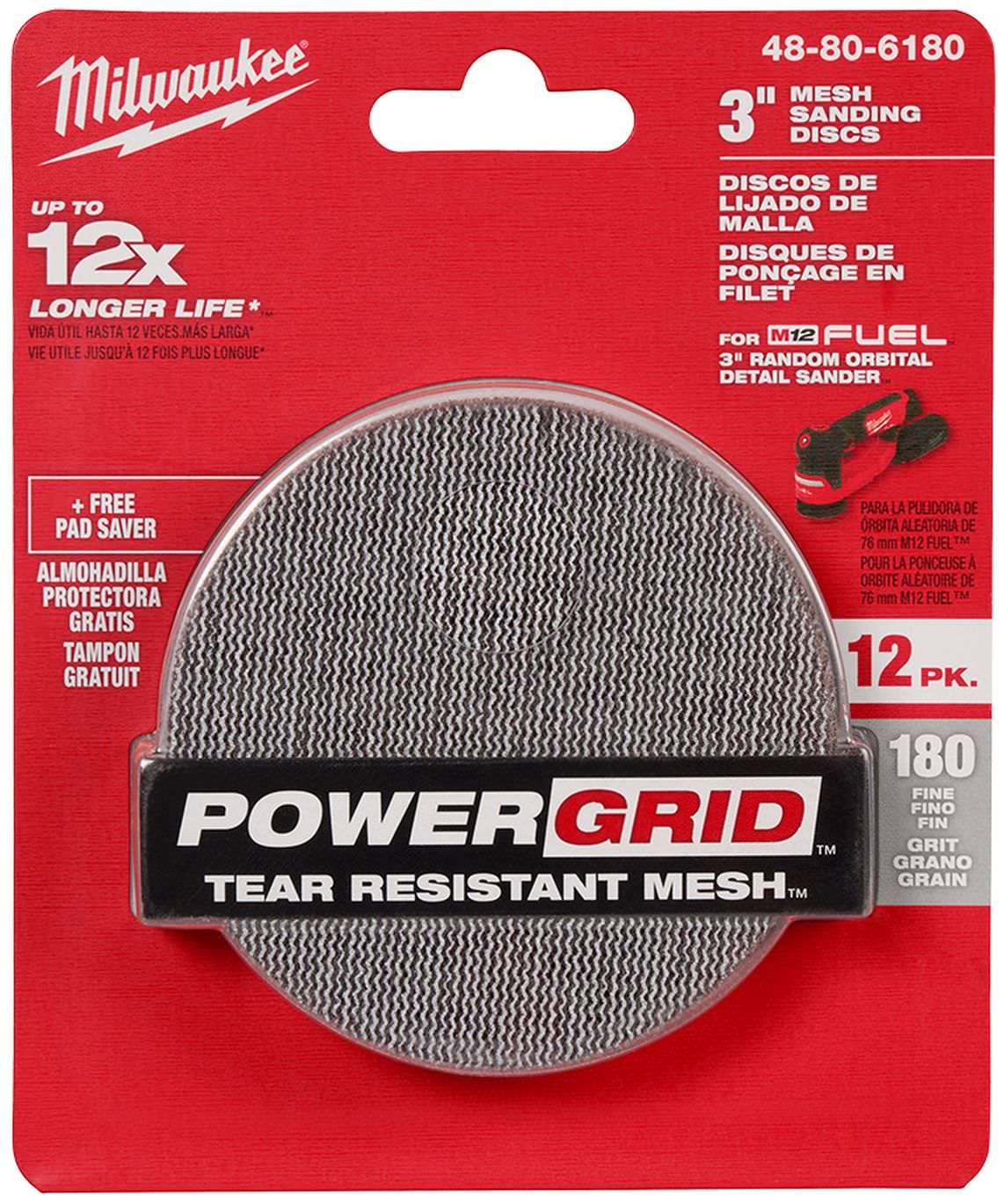 Milwaukee 48-80-6180 3 in. 180 Grit Mesh Sanding Discs with POWERGRID Tear Resistant Mesh (12-Pack + Pad Saver)