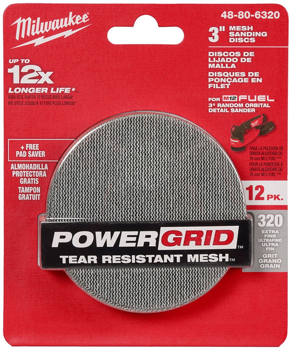 Milwaukee 48-80-6320 3 in. 320 Grit Mesh Sanding Discs with POWERGRID Tear Resistant Mesh (12-Pack + Pad Saver)