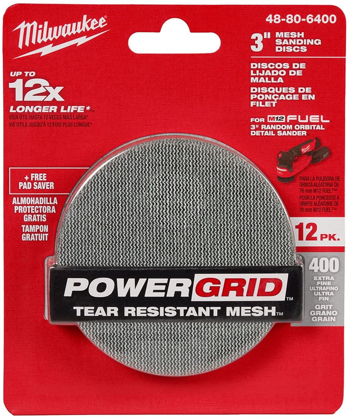 Milwaukee 48-80-6400 3 in. 400 Grit Mesh Sanding Discs with POWERGRID Tear Resistant Mesh (12-Pack + Pad Saver)