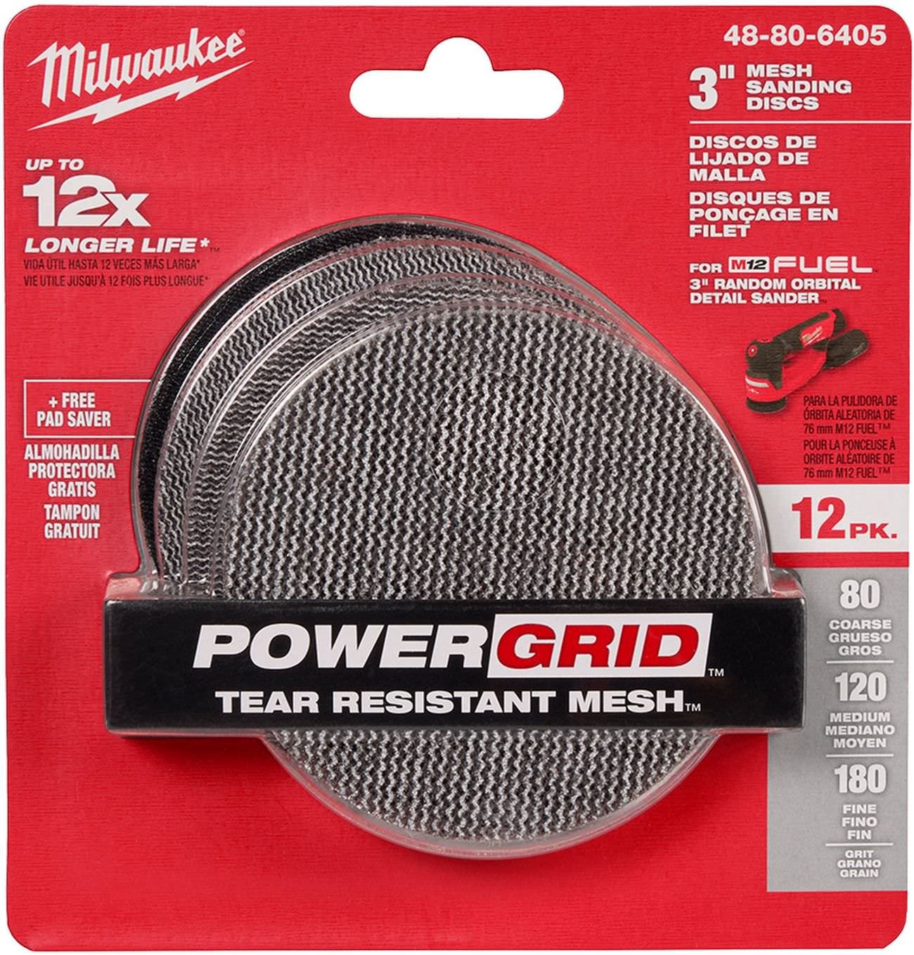 Milwaukee 48-80-6405 3 in. Assorted 80, 120, 180 Grit Mesh Sanding Discs with POWERGRID Tear Resistant Mesh (12-Pack + Pad Saver)