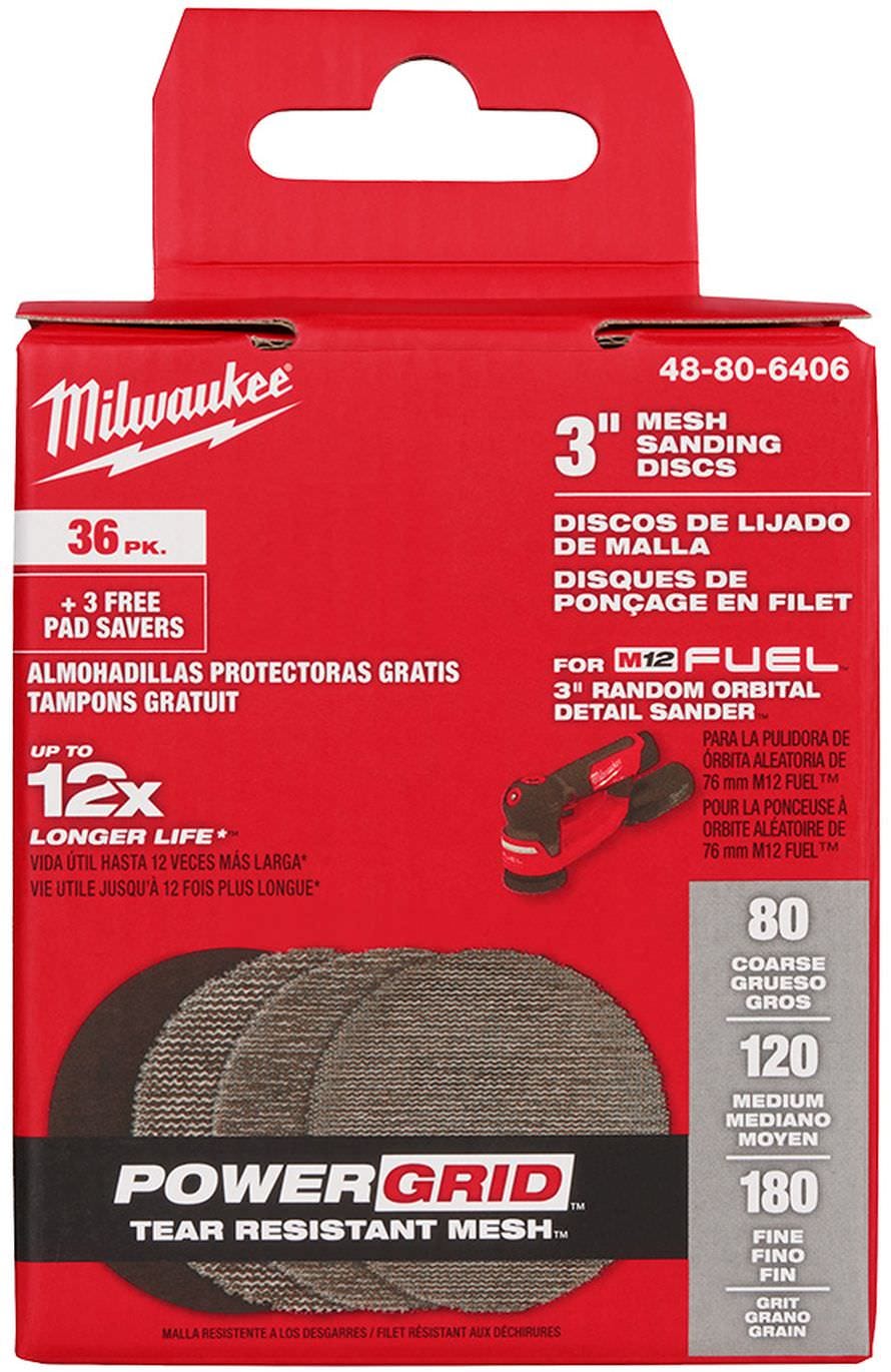 Milwaukee 48-80-6406 3 in. Assorted 80, 120, 180 Grit Mesh Sanding Discs with POWERGRID Tear Resistant Mesh (36-Pack + Pad Saver)