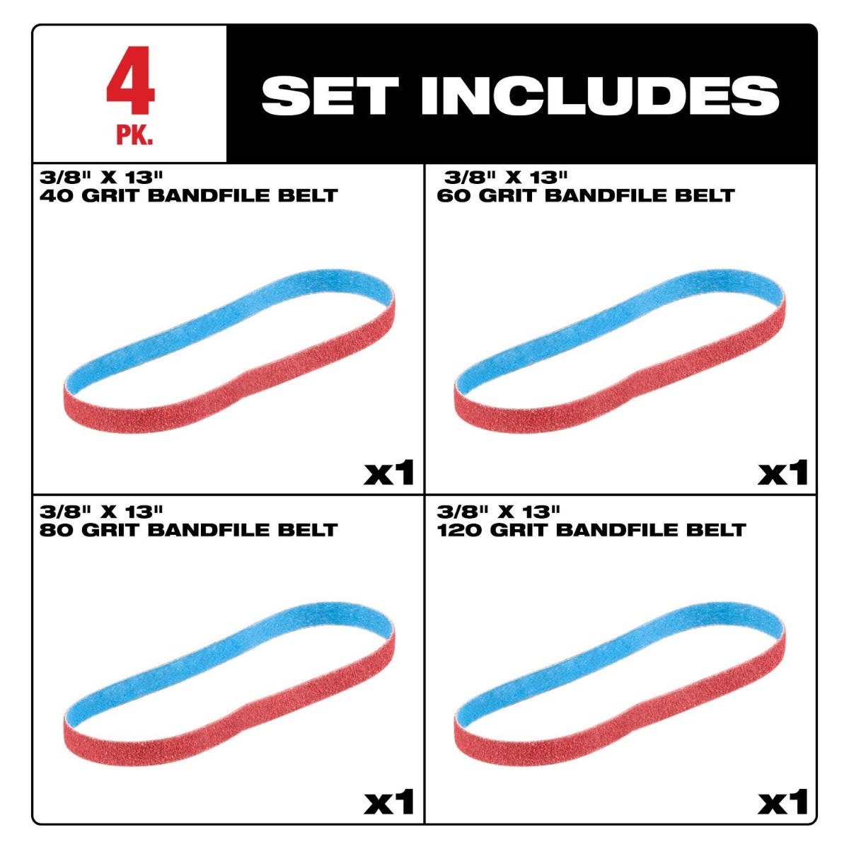 Milwaukee 48-80-7040 3/8" x 13" 40-Grit Bandfile Belts, 4-Pack