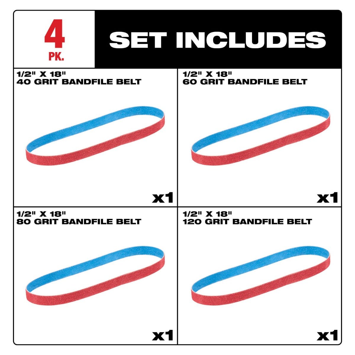 Milwaukee 48-80-9000 1/2" x 18" 40/60/80/120-Grit Bandfile Belts Assortment, 4-Pack