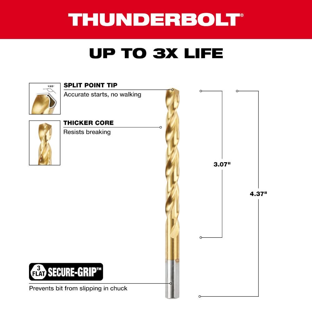 Milwaukee 48-89-2216  19/64" Thunderbolt Titanium Coated Drill Bit