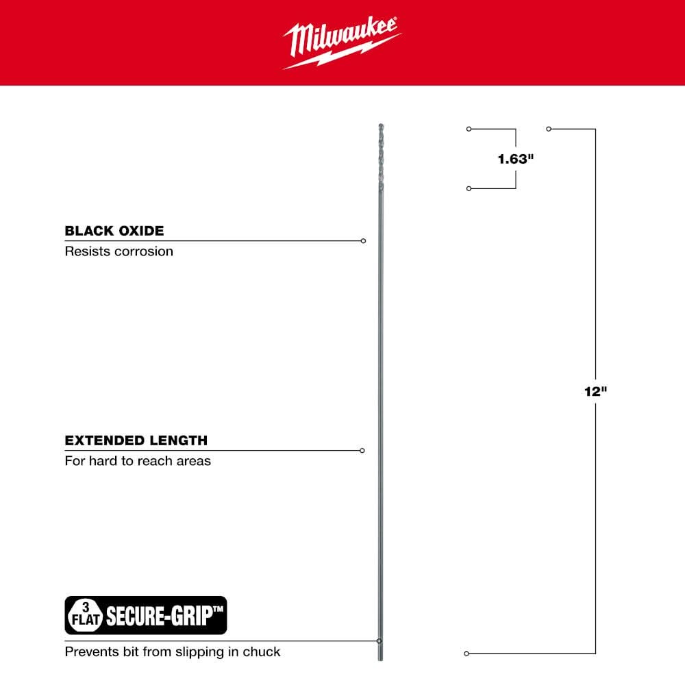Milwaukee 48-89-2770 1/8" x 12" Aircraft Length Black Oxide Drill Bit
