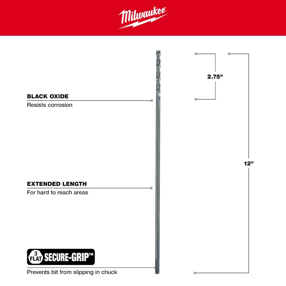 Milwaukee 48-89-2772 1/4" x 12" Aircraft Length Black Oxide Drill Bit