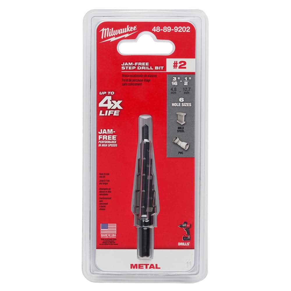 Milwaukee 48-89-9202 #2 Step Drill Bit, 3/16" - 1/2" by 1/16"