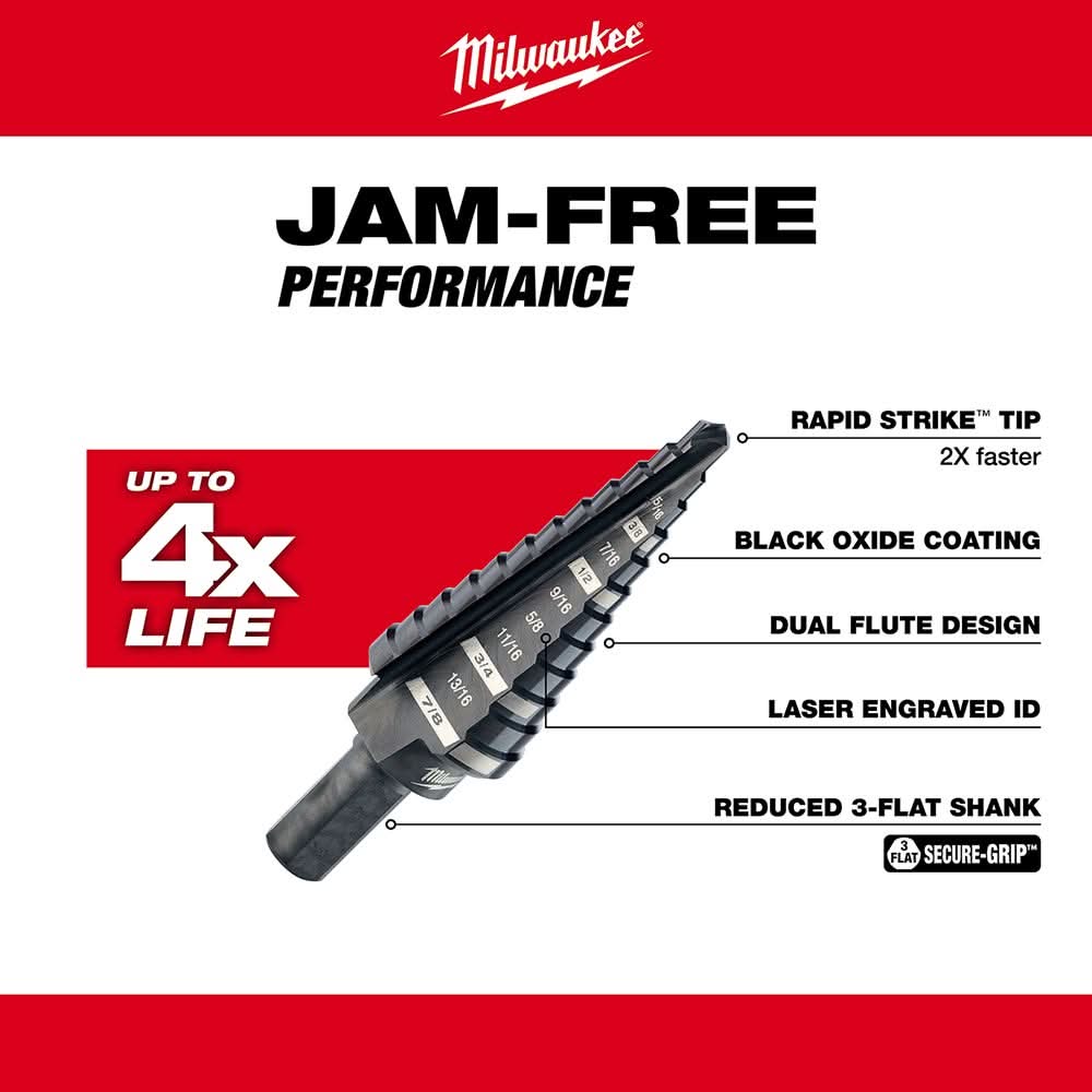 Milwaukee 48-89-9204 #4 Step Drill Bit, 3/16" - 7/8" by 1/16"