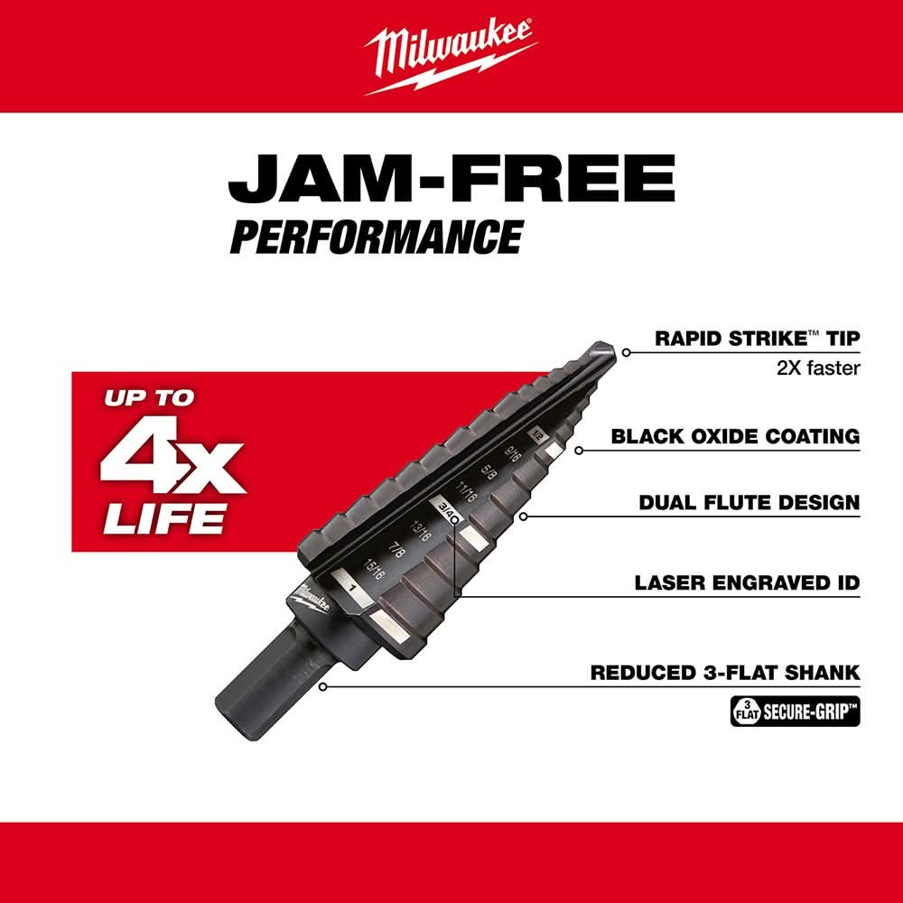 Milwaukee 48-89-9208 #8 Step Drill Bit, 1/2" - 1" by 1/16"