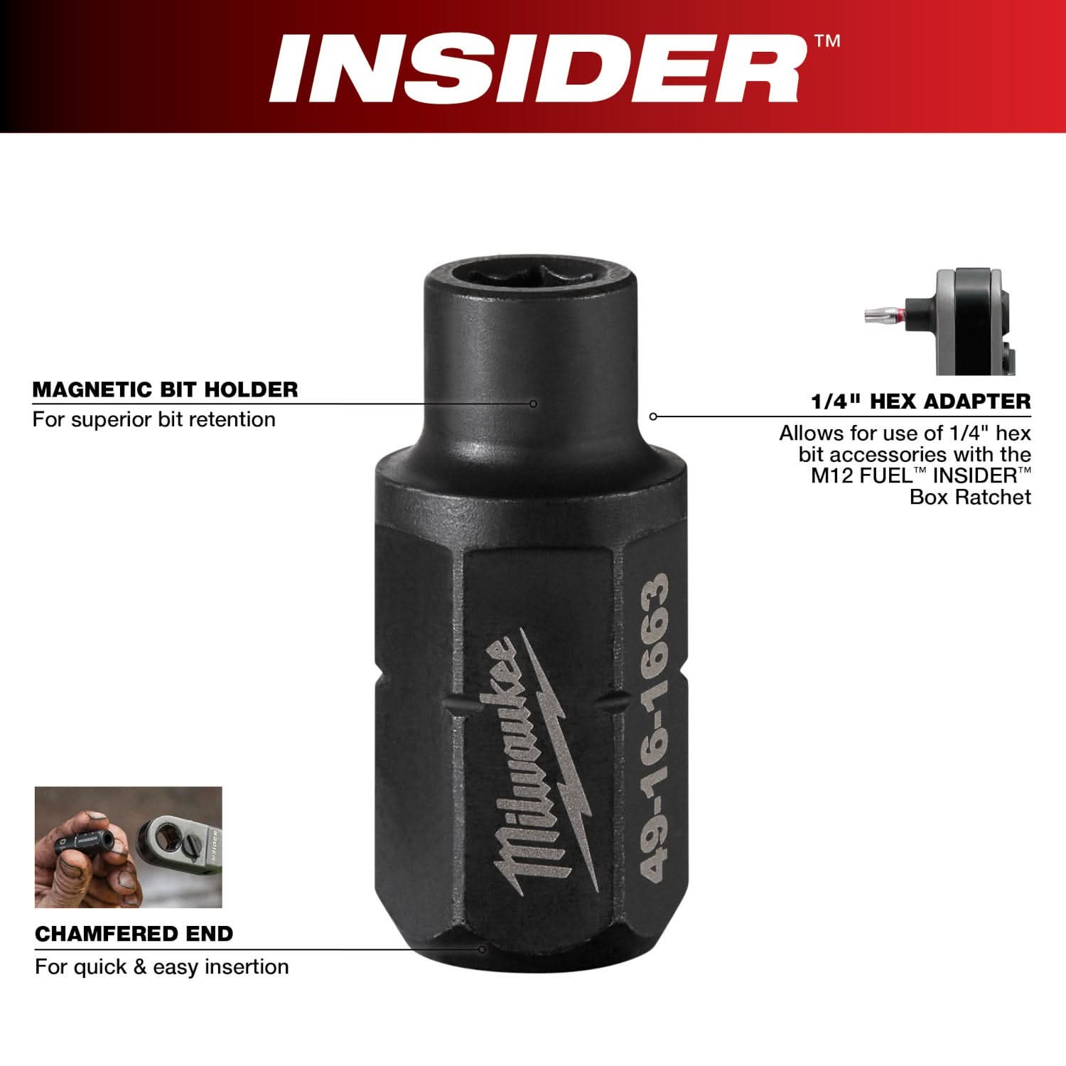 Milwaukee 49-16-1663 INSIDER Box Ratchet 1/4" Hex Adapter
