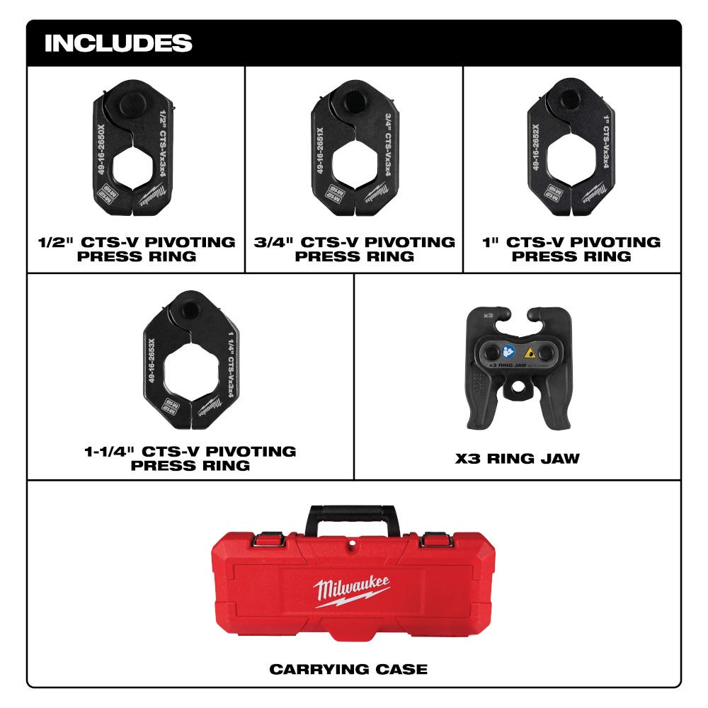 Milwaukee 49-16-2490X 1/2" - 1-1/4" CTS-V Pivoting Press Ring Kit for M12 FORCE LOGIC Press Tool