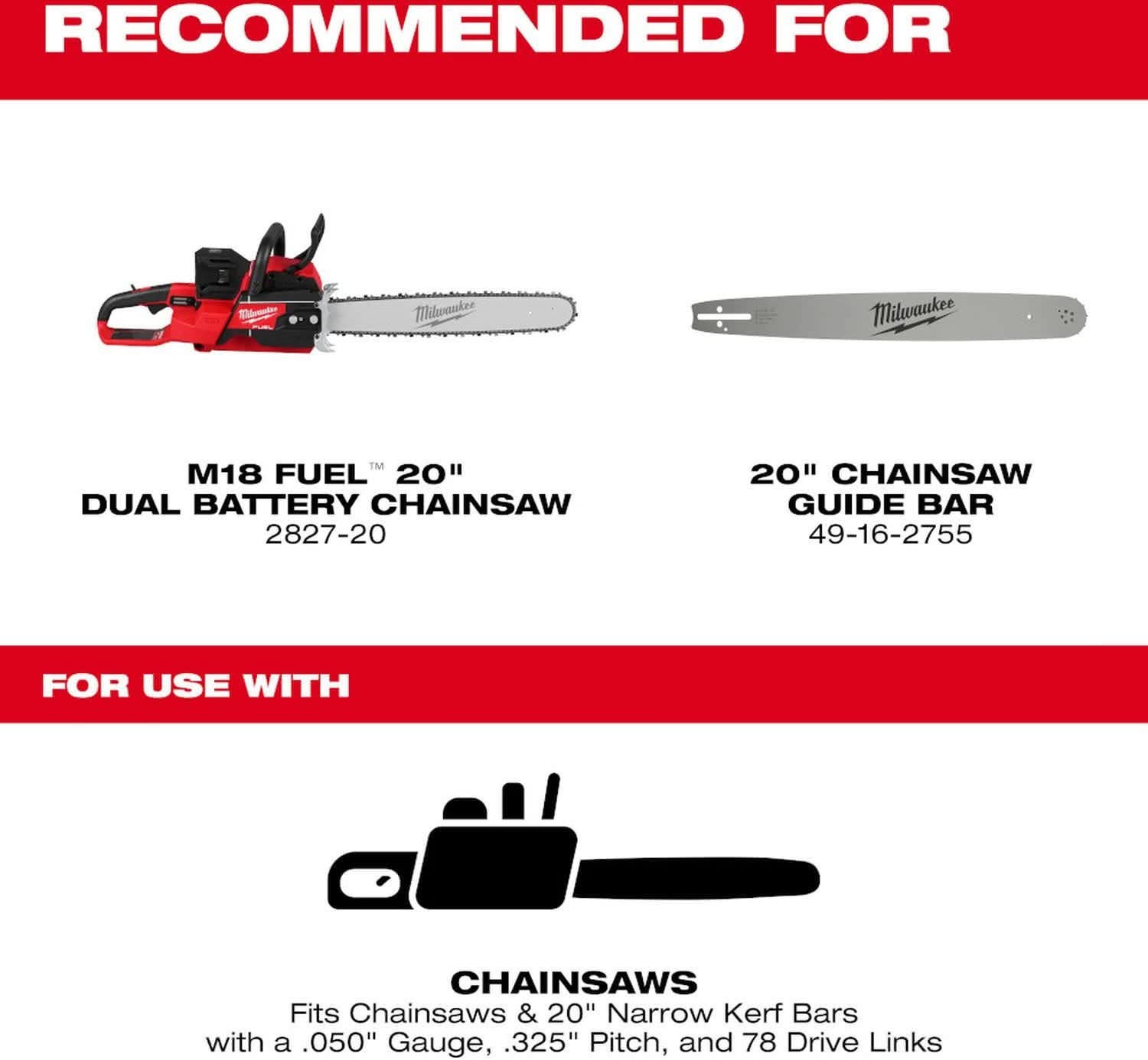 Milwaukee 49-16-2752 20 in. Saw Chain, .325 in. Pitch, .050 in. Gauge