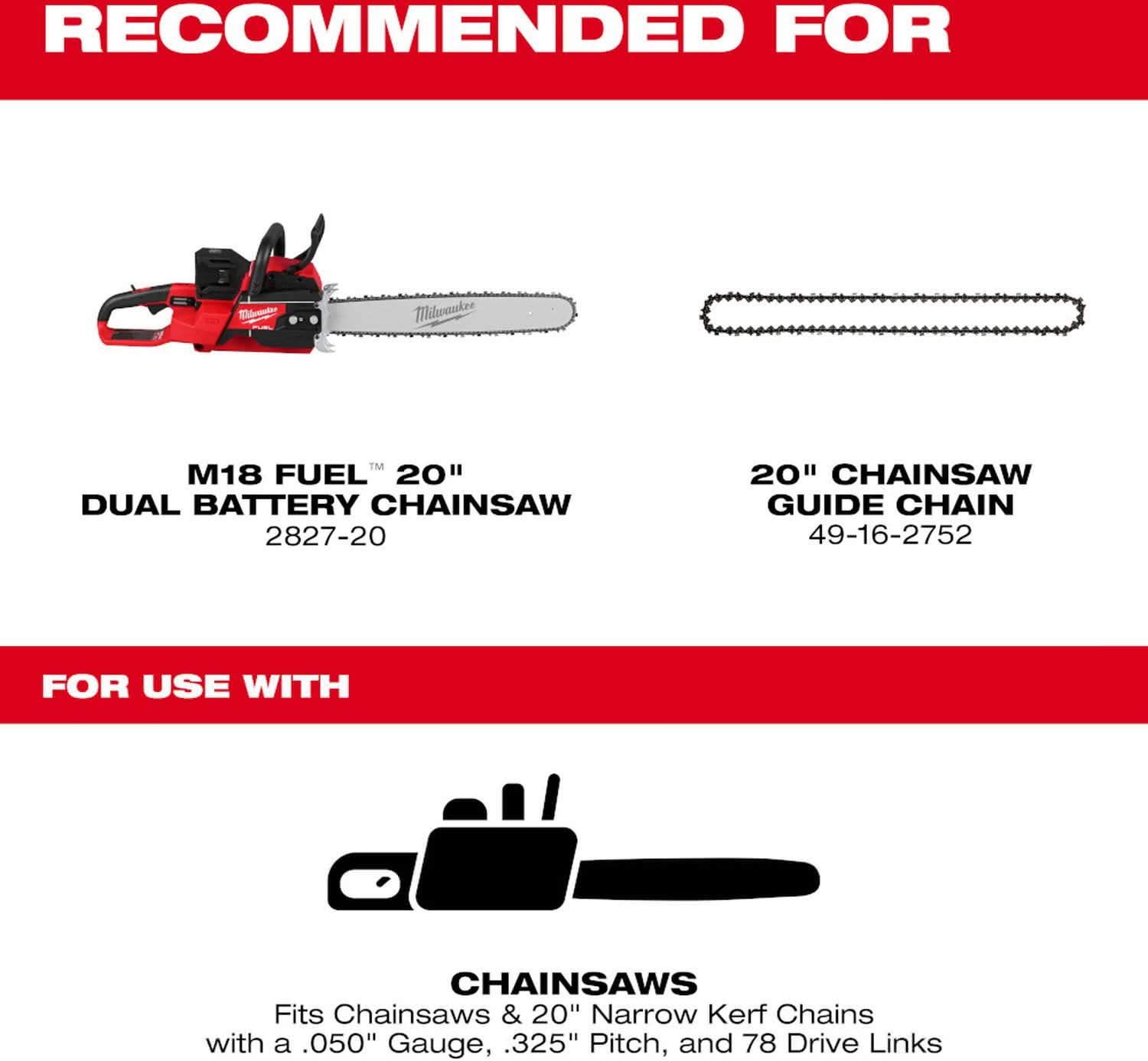 Milwaukee 49-16-2755 20 in. Guide Bar, .325 in. Pitch, .050 in. Gauge