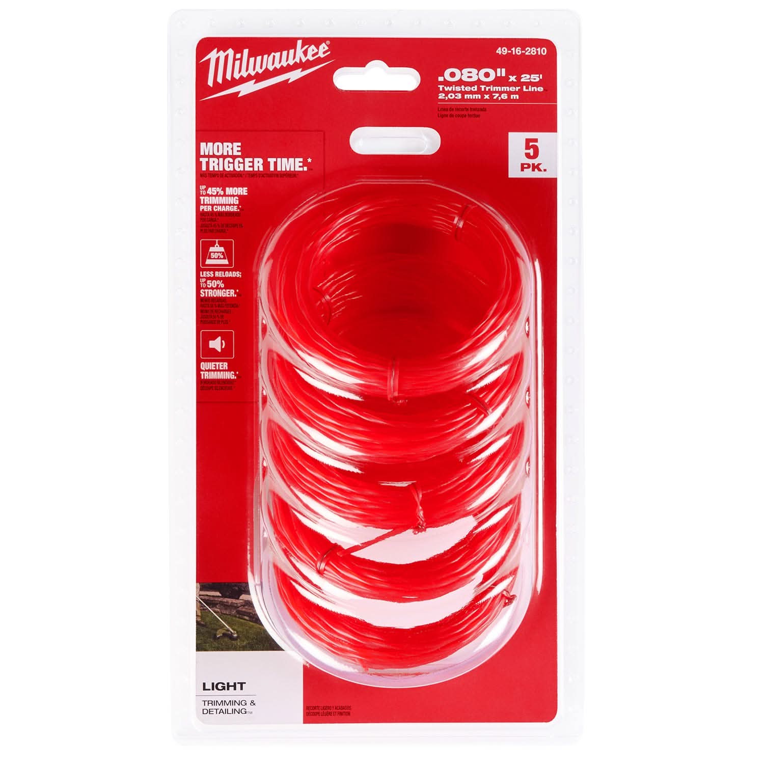 Milwaukee 49-16-2810 Pre-Cut Twisted Trimmer Line, 0.080" x 25' (5-Pack)