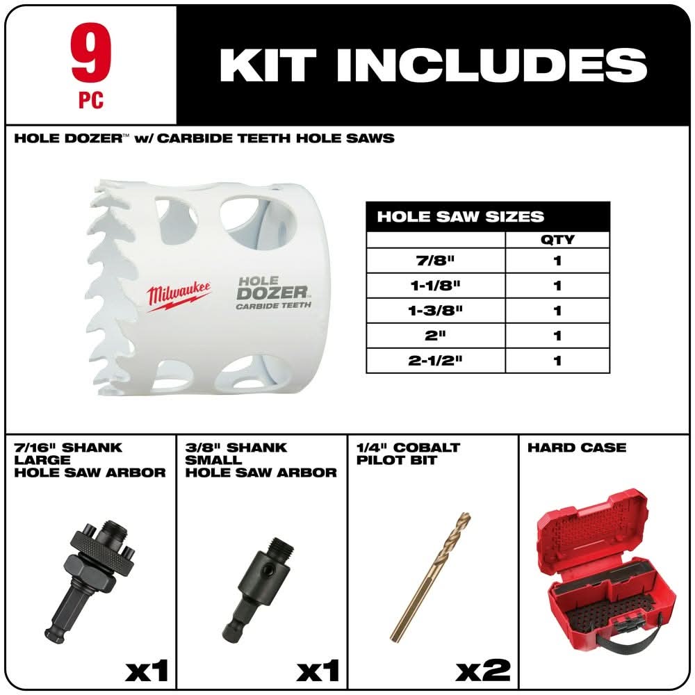 Milwaukee 49-22-3079 9-Piece Hole Dozer With Carbide Teeth Hole Saw Kit