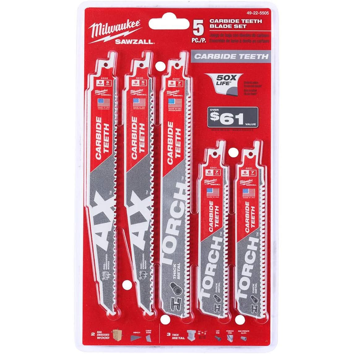 Milwaukee 49-22-5505 5-Piece Carbide Teeth SAWZALL Recip Blade Set