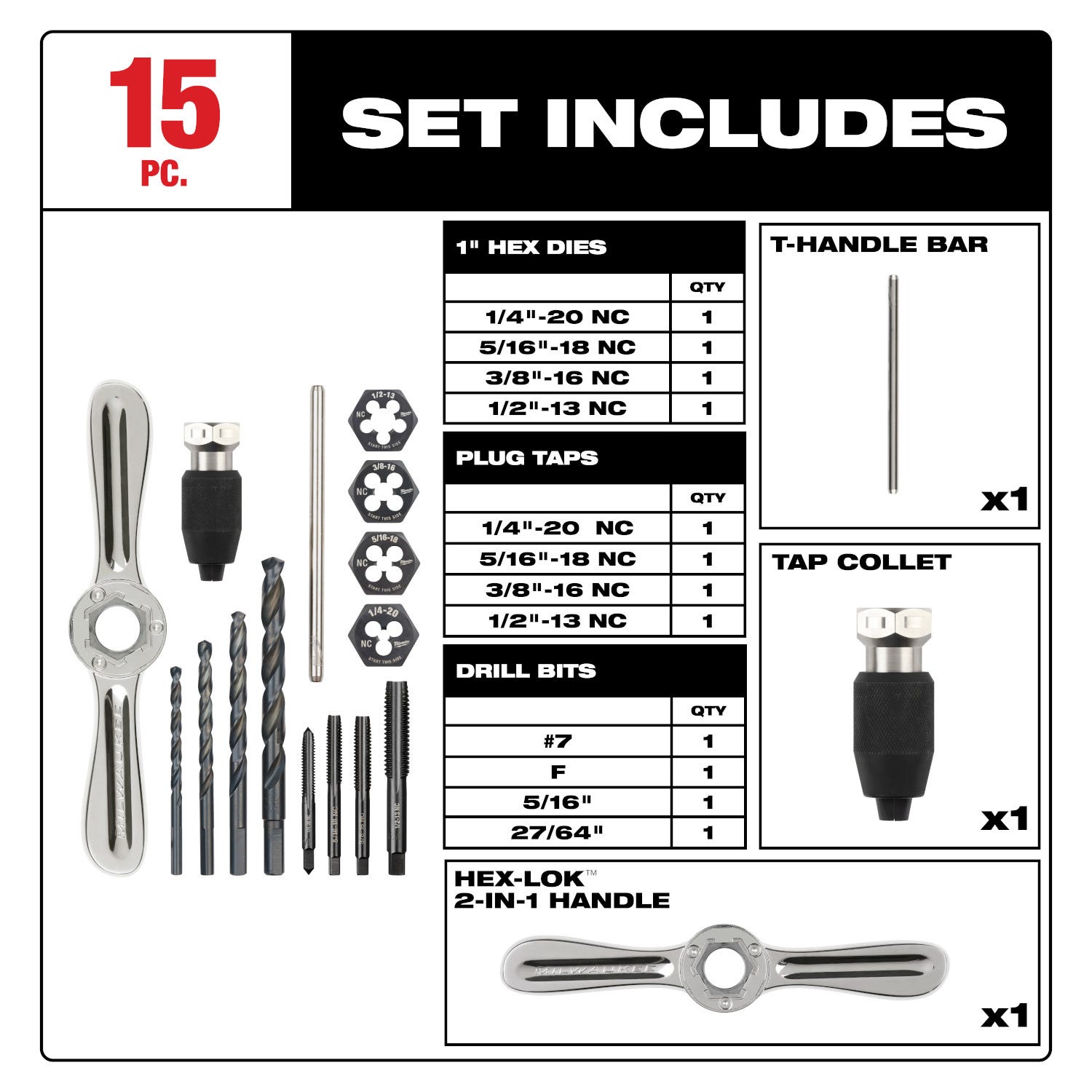 Milwaukee 49-22-5602 15PC SAE Tap and Die Set with Hex-LOK 2-in-1 Handle