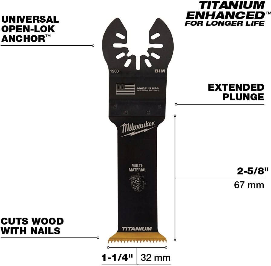Milwaukee 49-25-1203 Open-Lok 1-1/4-Inch Titanium Enhanced Bi-Metal Multi-Material Blade, 1-Pack