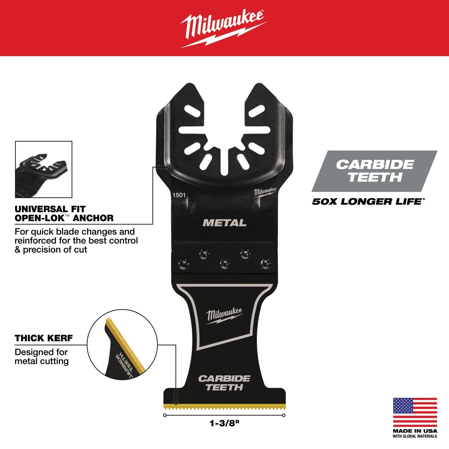 Milwaukee 49-25-1509 MILWAUKEE OPEN-LOK 1-3/8" Carbide Teeth Metal Multi-Tool Blades 10PK