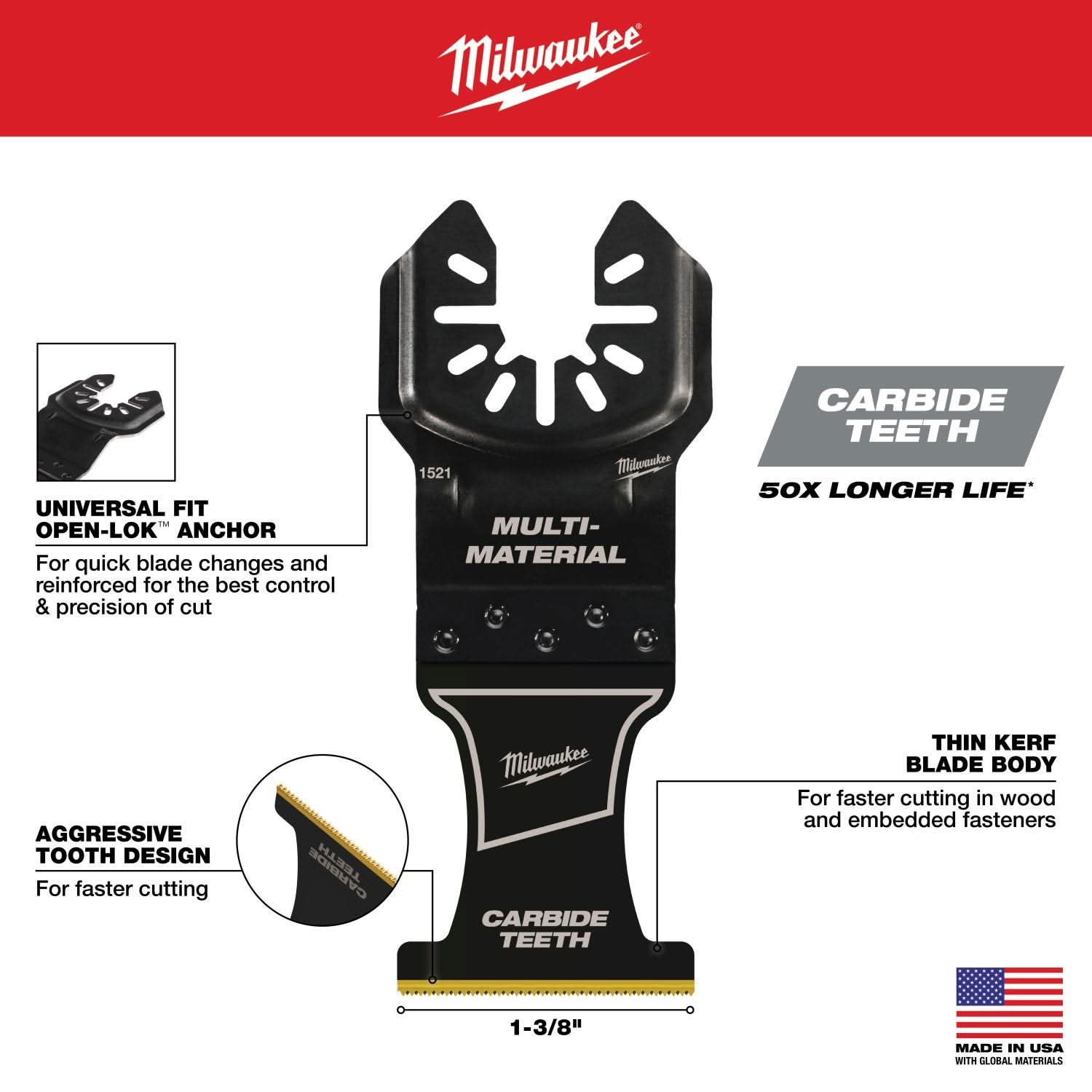 Milwaukee 49-25-1529 MILWAUKEE OPEN-LOK 1-3/8" Carbide Teeth Multi-Material Multi-Tool Blades 10PK