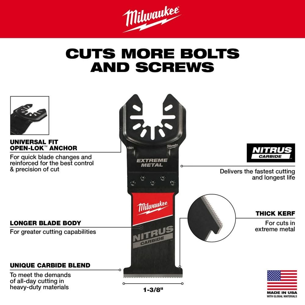 Milwaukee 49-25-1563 NITRUS CARBIDE Extreme Metal Universal Fit OPEN-LOK Multi-Tool Blade 3PK