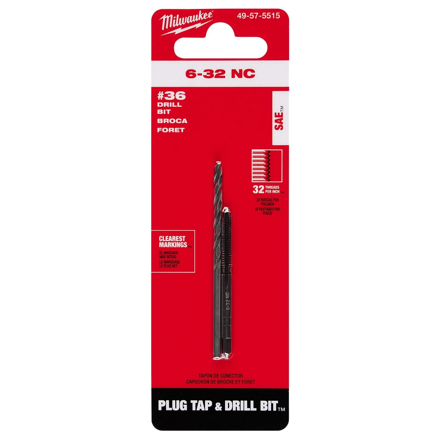 Milwaukee 49-57-5515 6-32 NC Straight Flute Plug Tap & #36 Drill Bit