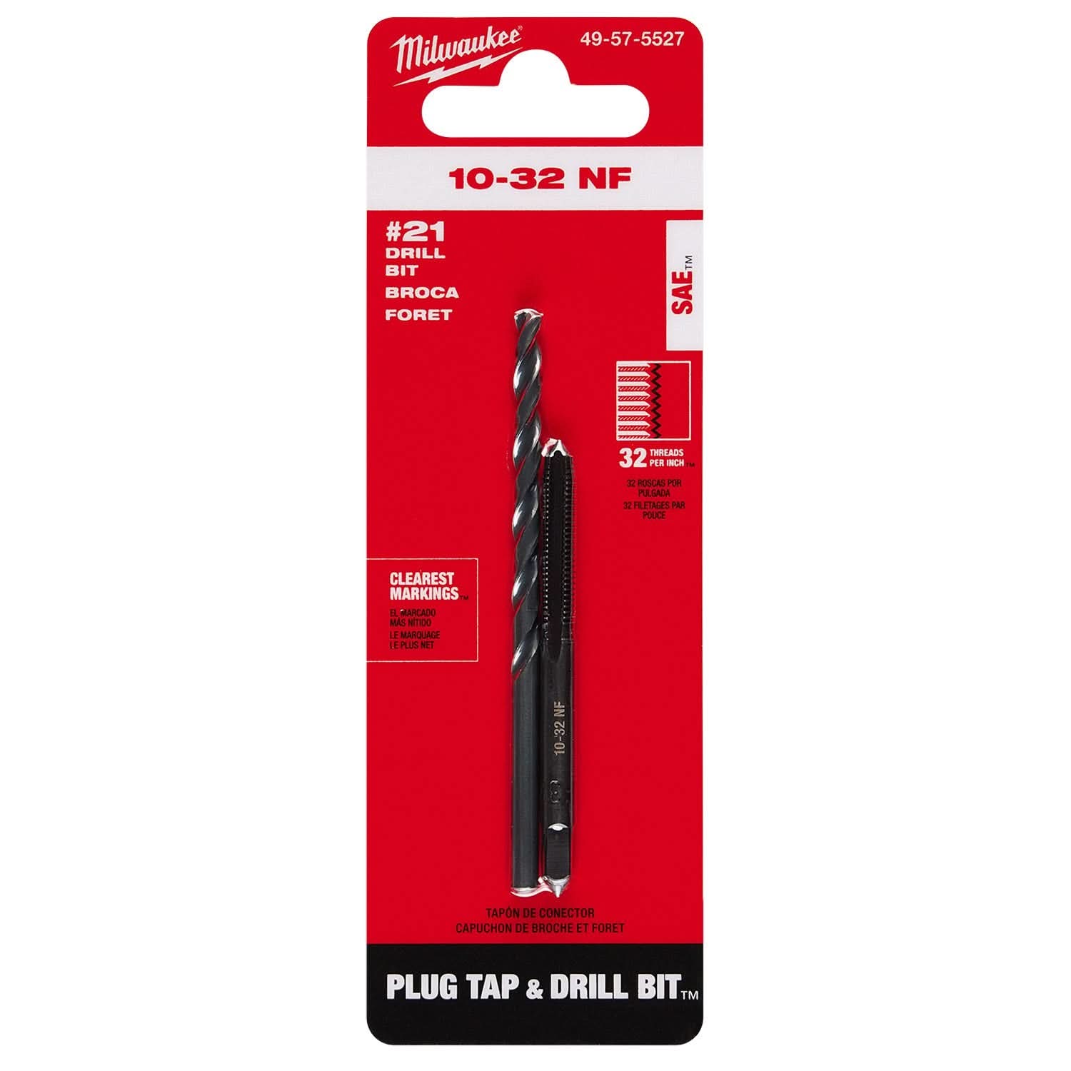 Milwaukee 49-57-5527 10-32 NF Straight Flute Plug Tap & #21 Drill Bit