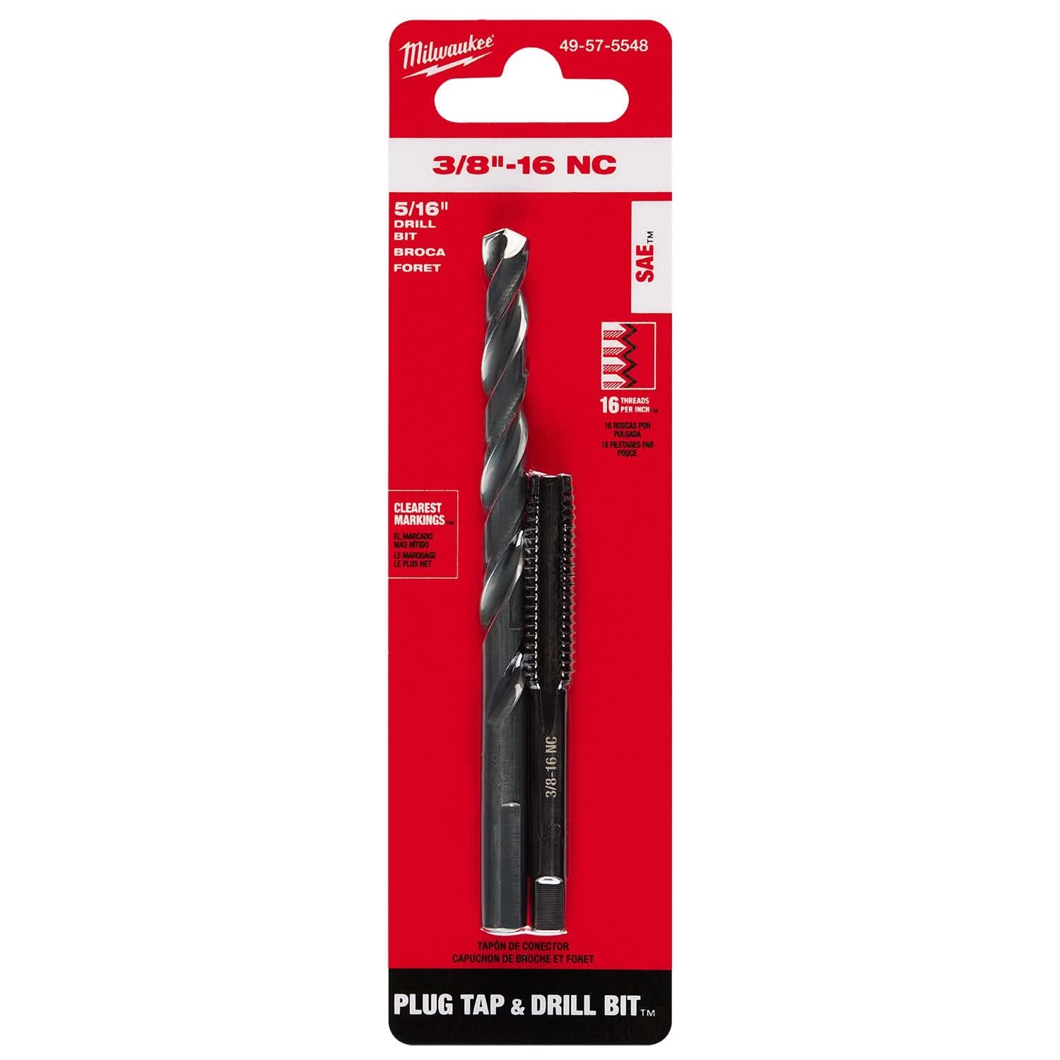 Milwaukee 49-57-5548 3/8"-16 NC Straight Flute Plug Tap & 5/16" Drill Bit