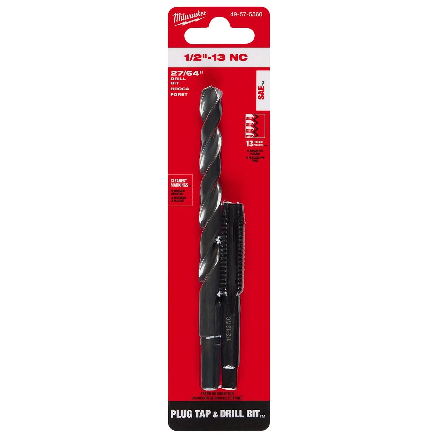 Milwaukee 49-57-5560 1/2"-13 NC Straight Flute Plug Tap & 27/64" Drill Bit