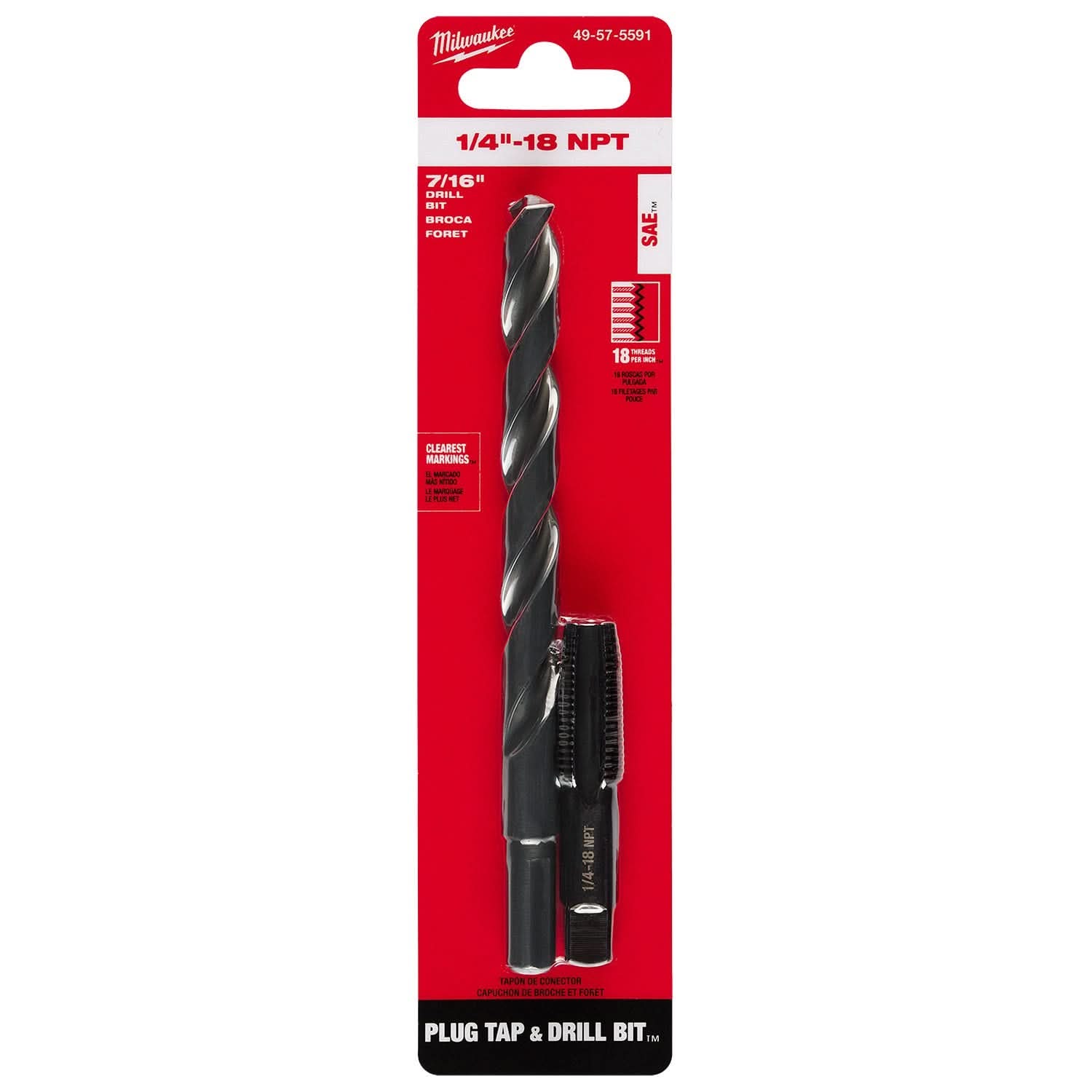 Milwaukee 49-57-5591 1/4"-18 NPT Straight Flute Plug Tap & 7/16" Drill Bit