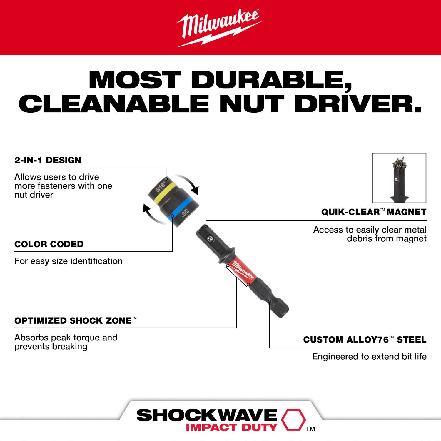 Milwaukee 49-66-4543 SHOCKWAVE Impact Duty 5/16" and 3/8" x 2-1/2" QUIK-CLEAR 2-in-1 Magnetic Nut Driver