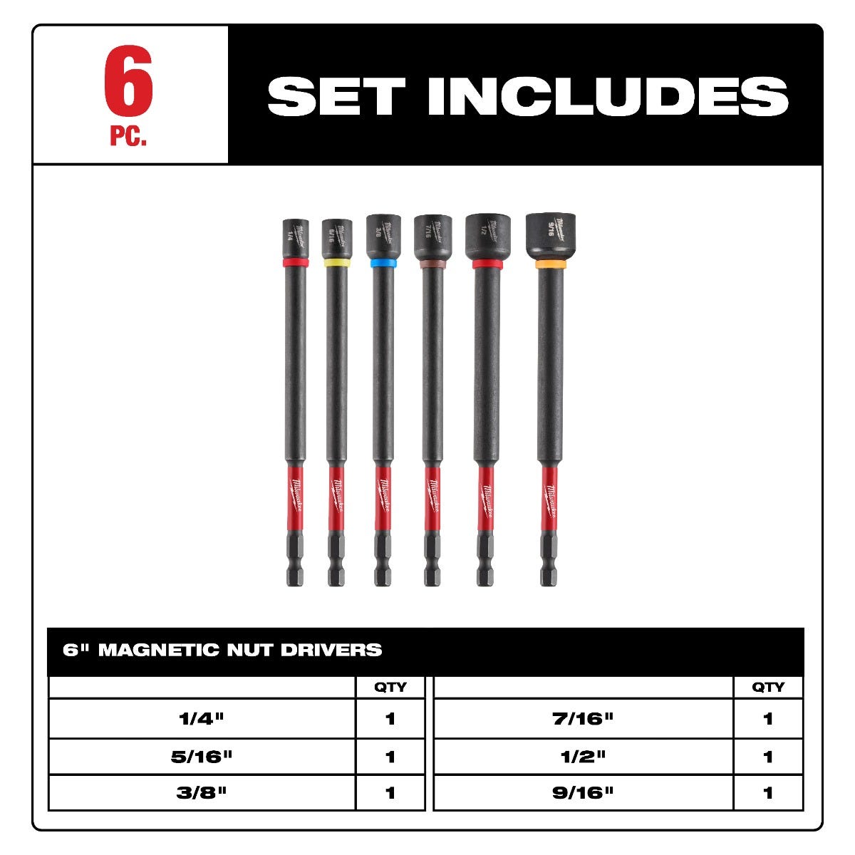 Milwaukee 49-66-4567 SHOCKWAVE Impact Duty 6" Magnetic Nut Driver Set 6PC
