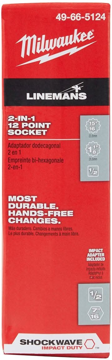 Milwaukee 49-66-5124 Shockwave Lineman's 12Pt 15/16-Inch & 1 1/8-Inch 2-In-1 Socket
