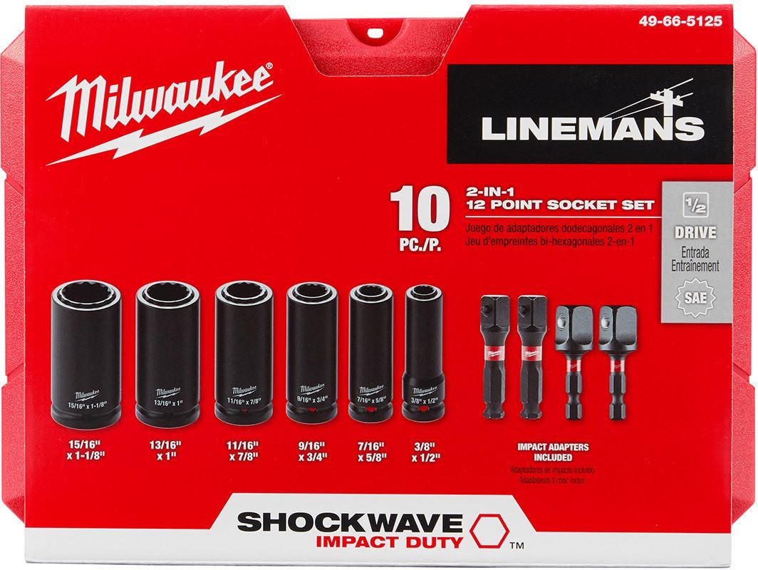 Milwaukee 49-66-5125 Shockwave Lineman's 10-Piece  2-In-1 12Pt Socket Set