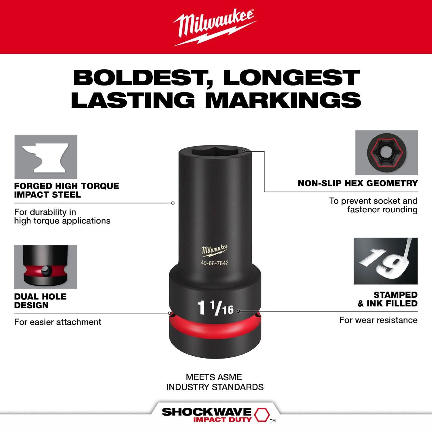 Milwaukee 49-66-6551 SHOCKWAVE Impact Duty 1" Drive 1-3/16" Standard 6 Point Socket