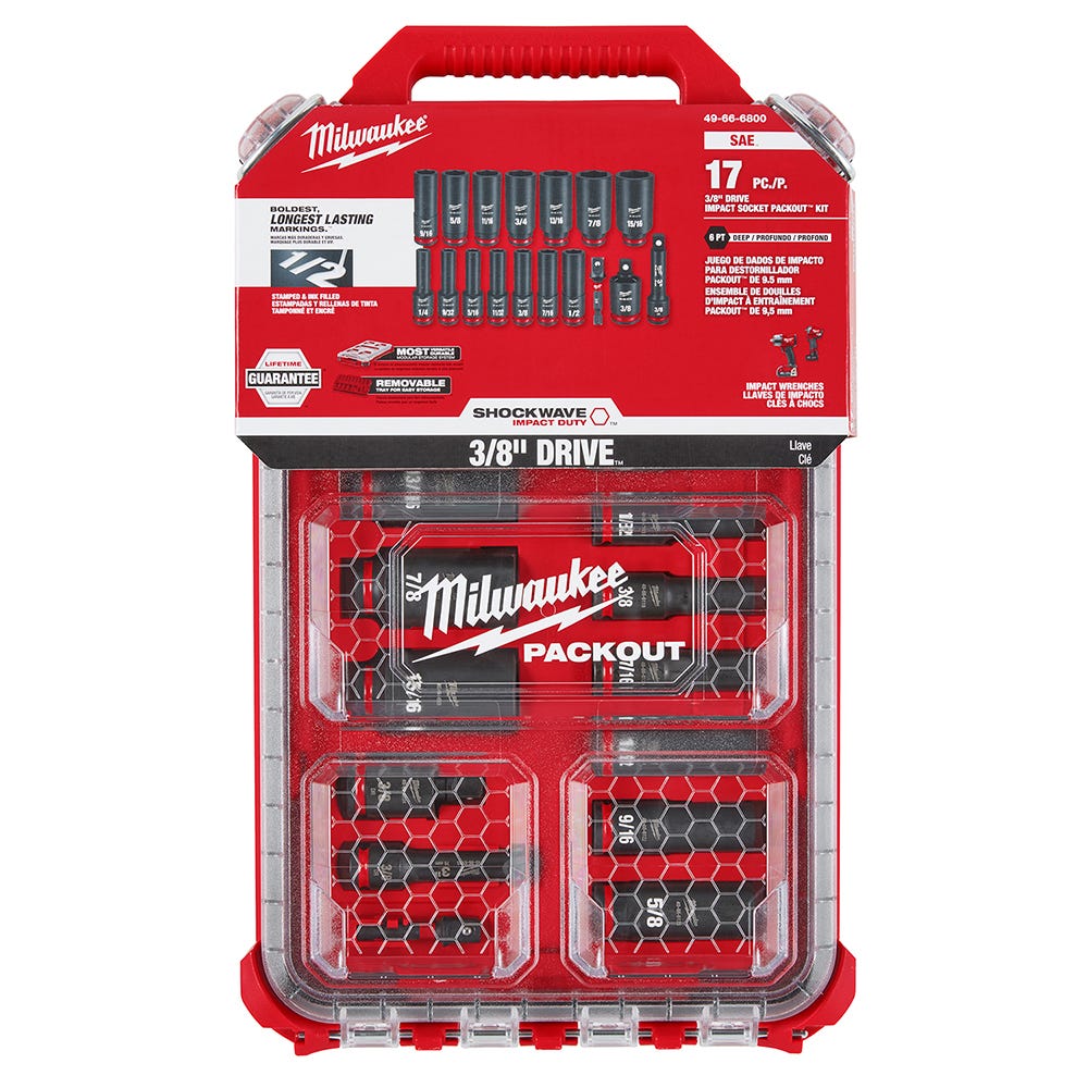 Milwaukee 49-66-6800 SHOCKWAVE Impact Duty Socket 3/8" Drive 17-Piece SAE PACKOUT Set
