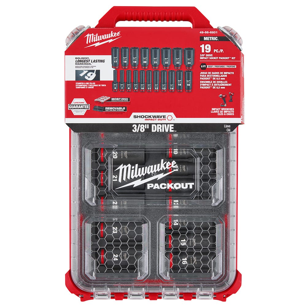 Milwaukee 49-66-6801 SHOCKWAVE Impact Duty Socket 3/8"-Drive 19-Piece Metric PACKOUT Set