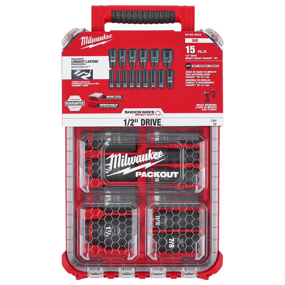 Milwaukee 49-66-6802 SHOCKWAVE Impact Duty Socket 1/2"-Drive 15-Piece SAE PACKOUT Set