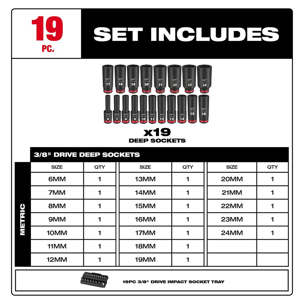 49-66-6816 SHOCKWAVE Impact Duty Socket 3/8" Dr 19PC MM TRAY Set