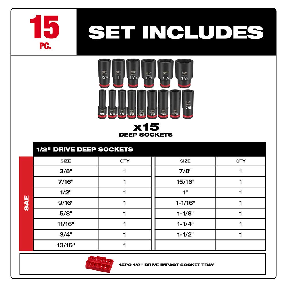 49-66-6817 SHOCKWAVE Impact Duty Socket 1/2" Dr 15PC SAE TRAY Set