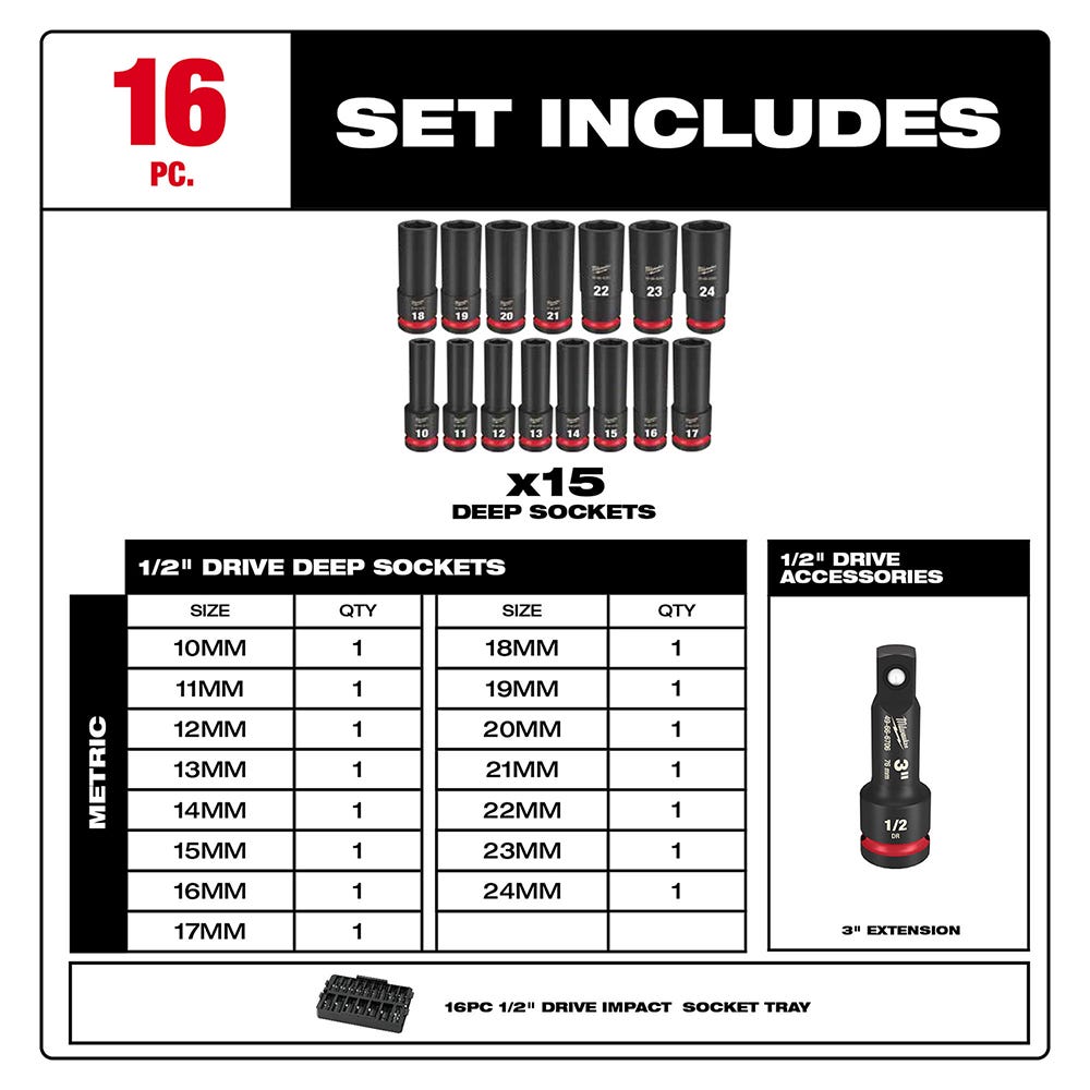 49-66-6818 SHOCKWAVE Impact Duty Socket 1/2" Dr 16PC MM TRAY Set