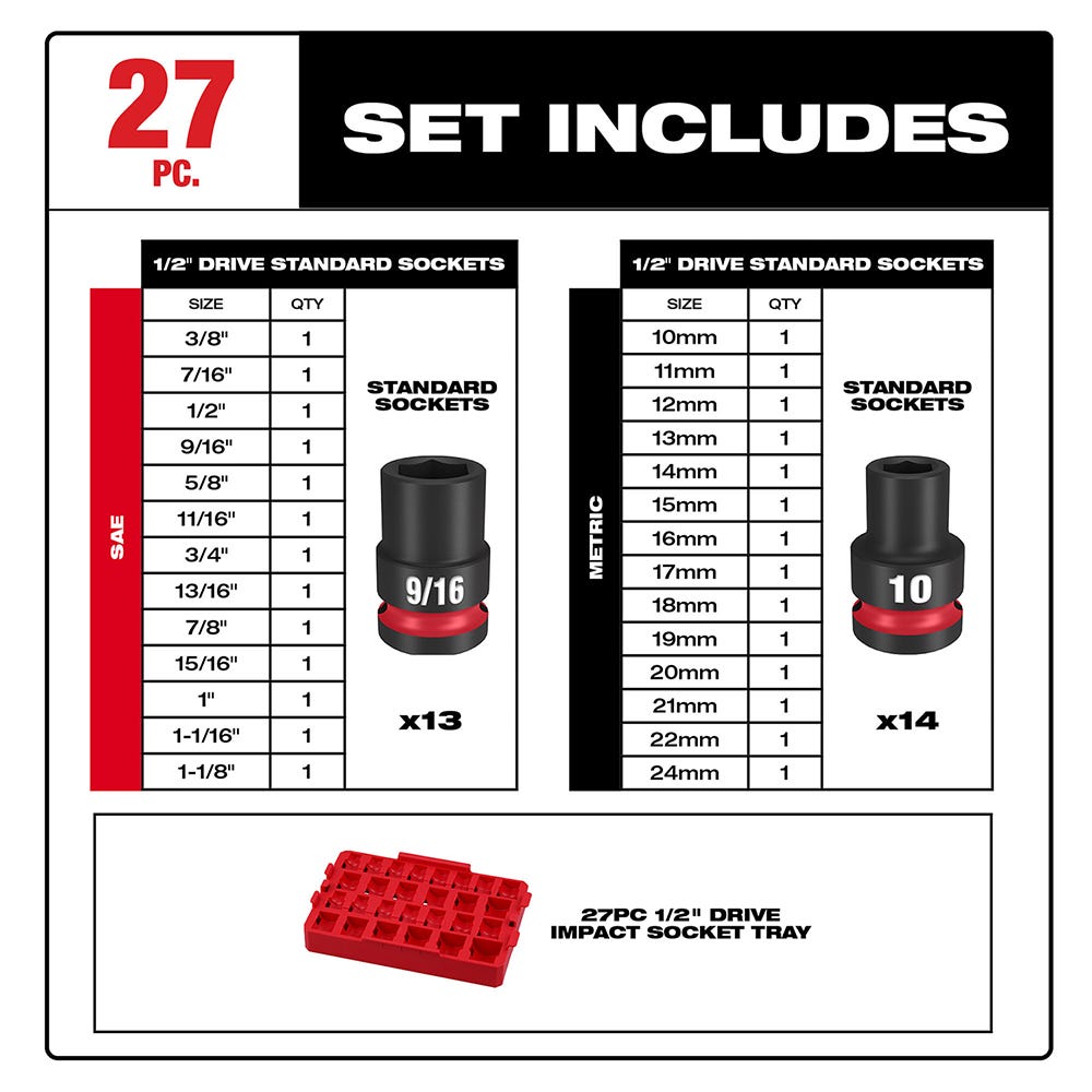 49-66-6819 SHOCKWAVE Impact Duty Socket 1/2" Dr 27PC SAE TRAY Set