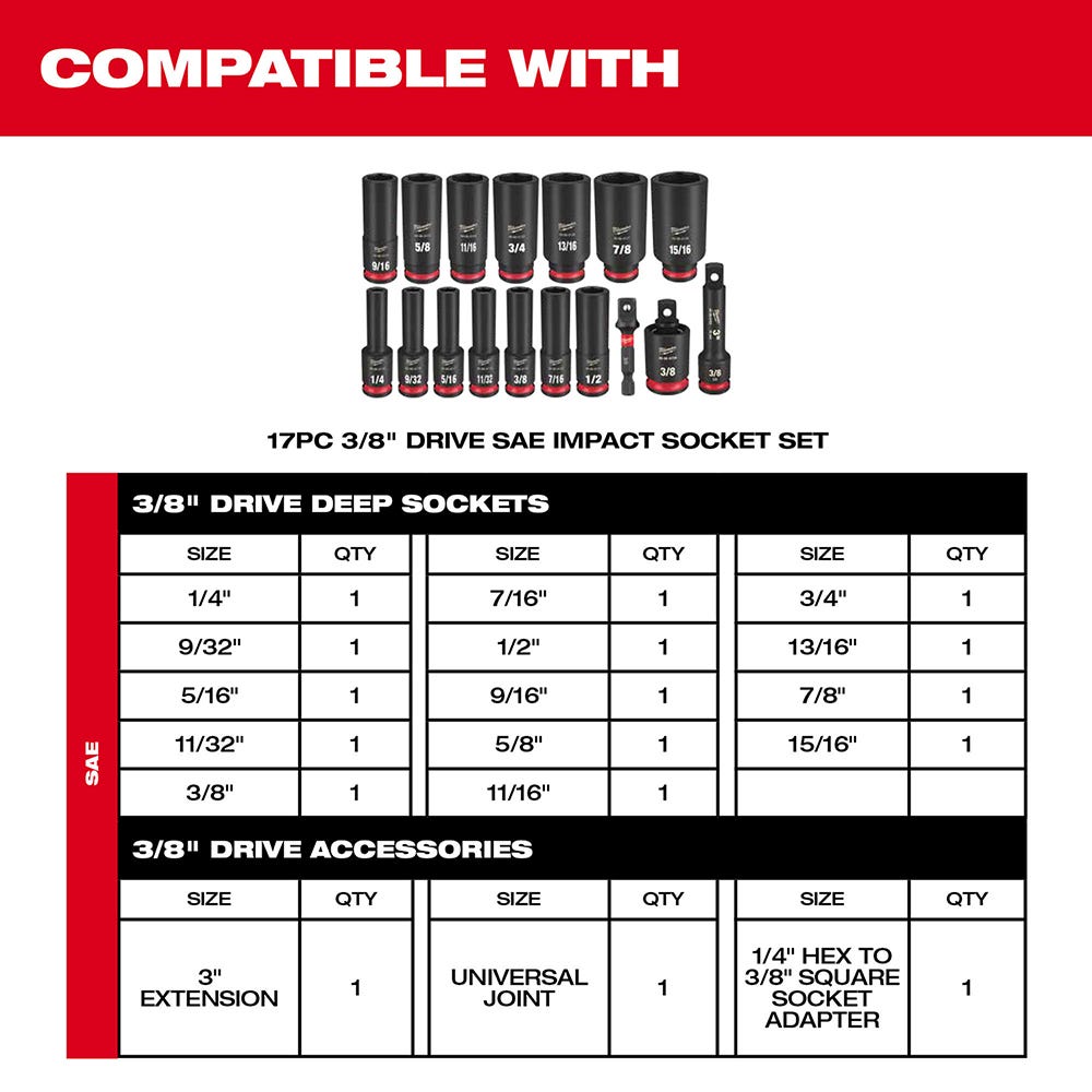 49-66-6830 Impact Socket 3/8" Dr 17PC SAE TRAY ONLY