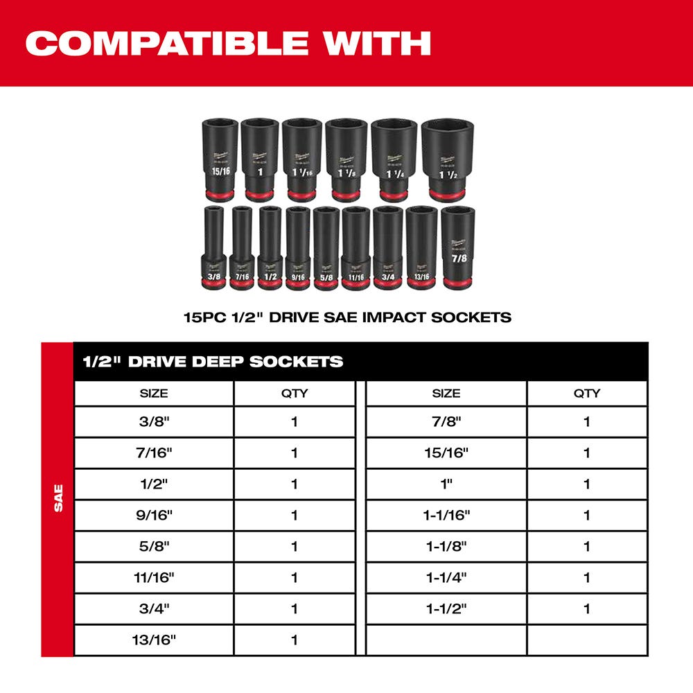 49-66-6832 Impact Socket 1/2" Dr 15PC SAE TRAY ONLY