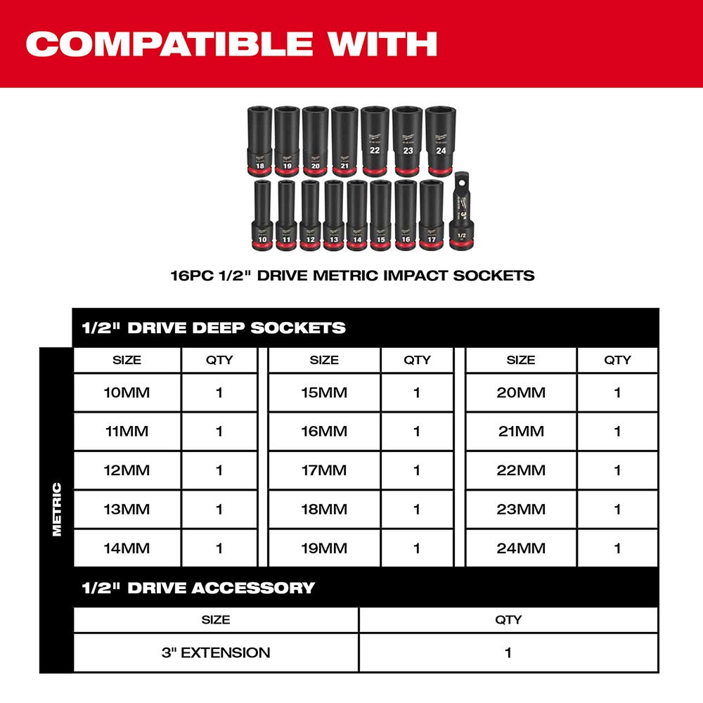 49-66-6833 Impact Socket 1/2" Dr 16PC MM TRAY ONLY