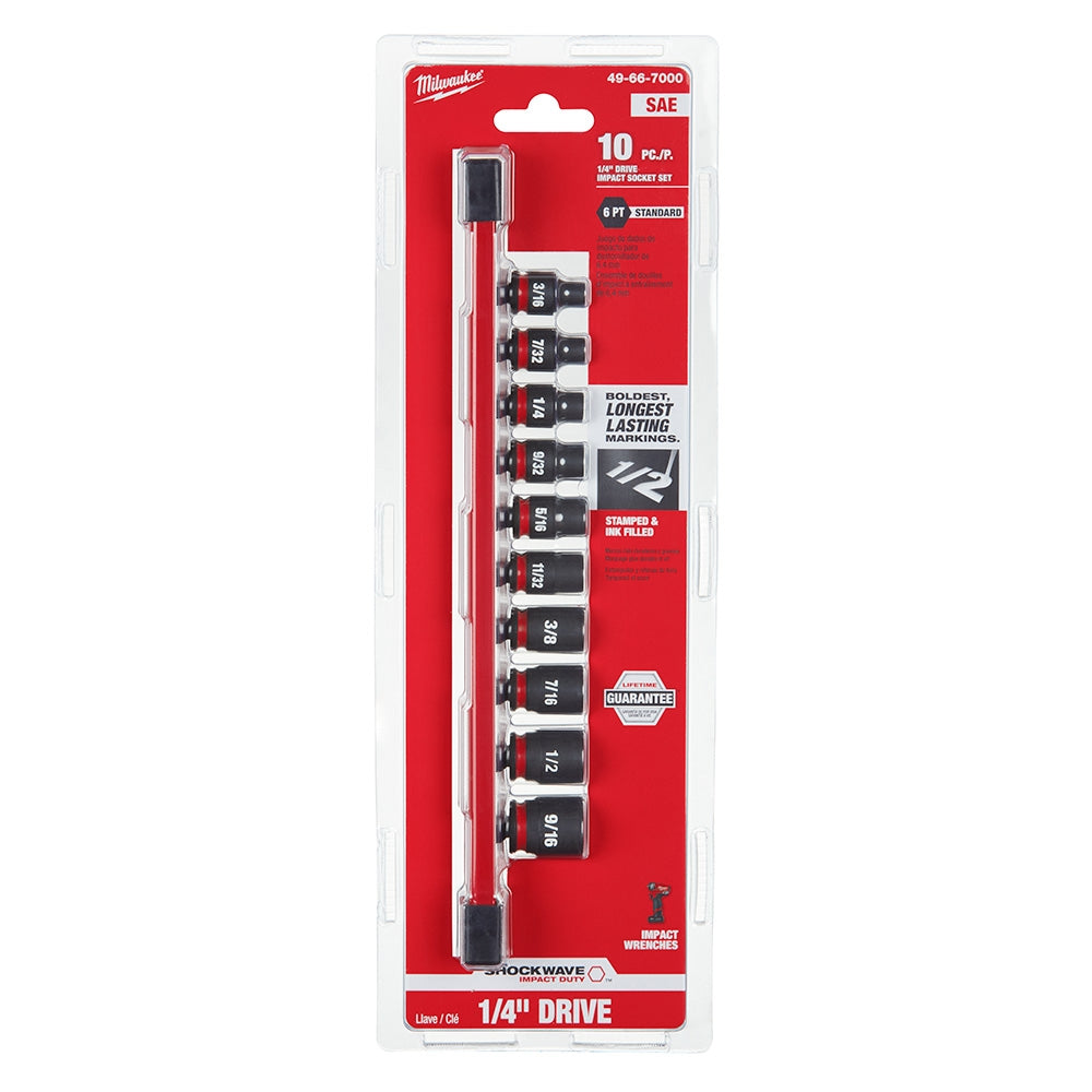 Milwaukee 49-66-7000 10-Piece SHOCKWAVE 1/4-Inch SAE Standard 6-Point Impact Duty Socket Set
