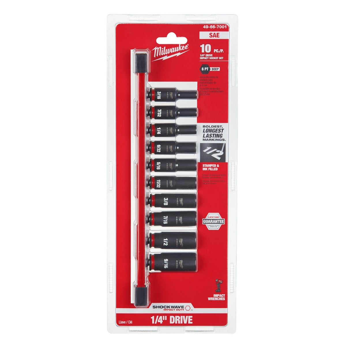 Milwaukee 49-66-7001 10-Piece SHOCKWAVE 1/4-Inch SAE Deep 6-Point Impact Duty Socket Set