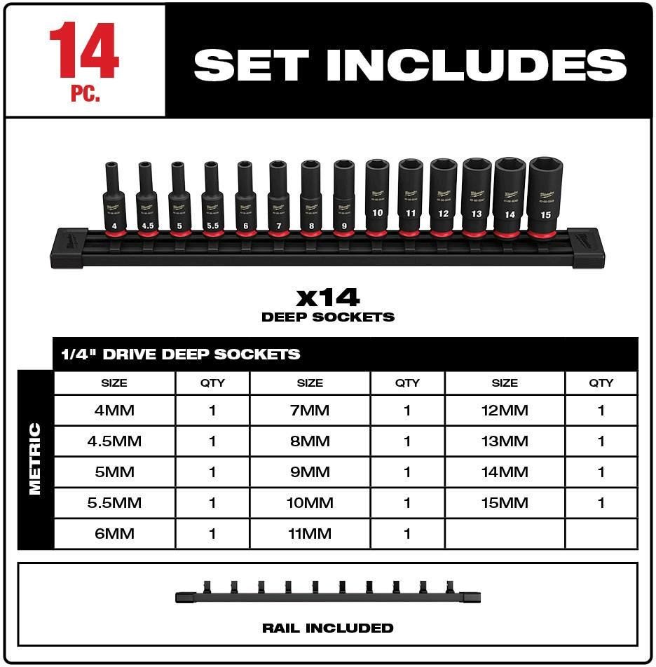 Milwaukee 49-66-7003 14-Piece SHOCKWAVE 1/4-Inch Metric Deep 6-Point Impact Duty Socket Set