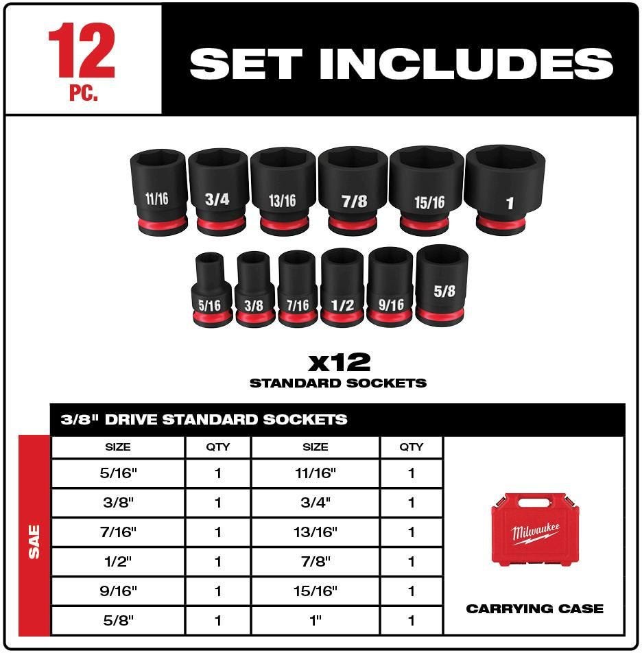 Milwaukee 49-66-7005 12-Piece SHOCKWAVE 3/8-Inch Drive SAE Standard 6-Point Impact Duty Socket Set